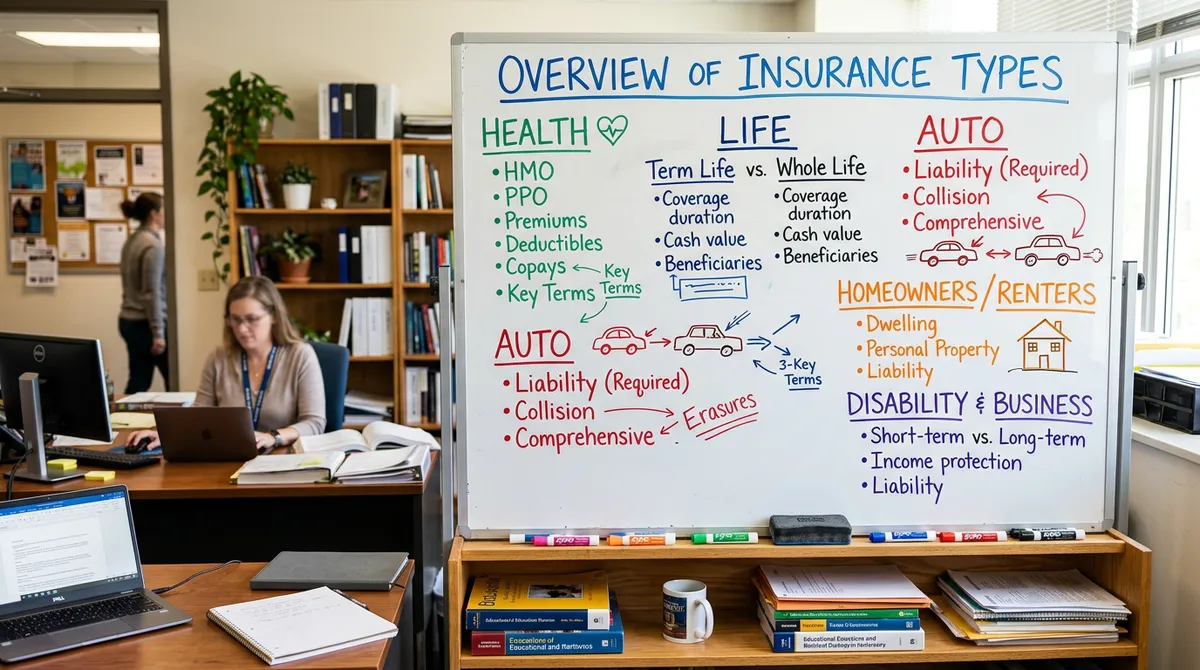 Tablica z notatkami o rodzajach ubezpieczeń